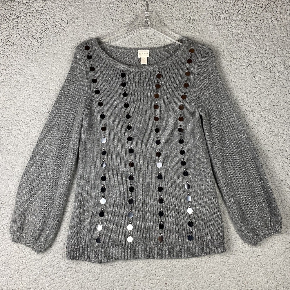 Chicos Sequin Sweater Gray Pullover Size 0 Small Acrylic Blend Round Neck Knit